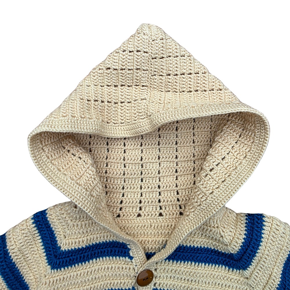 Handmade Boy's Sweater‎ Size 6 Cream Blue Stripe Hood Crochet Nautical Button - Picture 3 of 7
